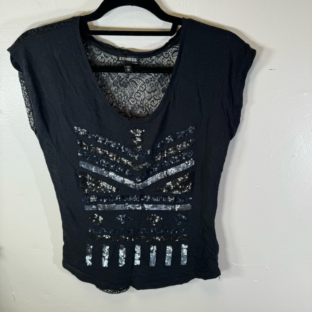 EXPRESS mesh back black tee silver sequin short sleeve XS witchy festival goth